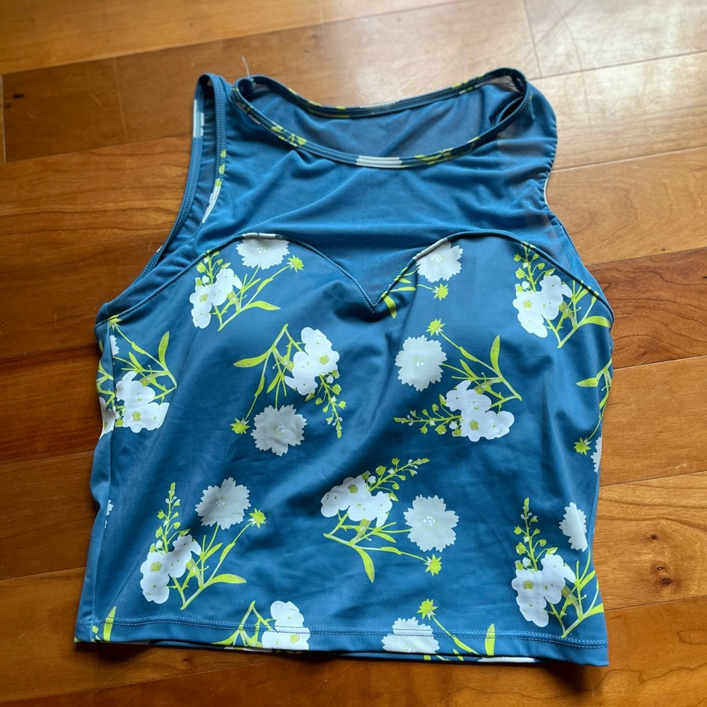 Kortni Jeane Blue Floral Netted Sweetheart Swim Top Small